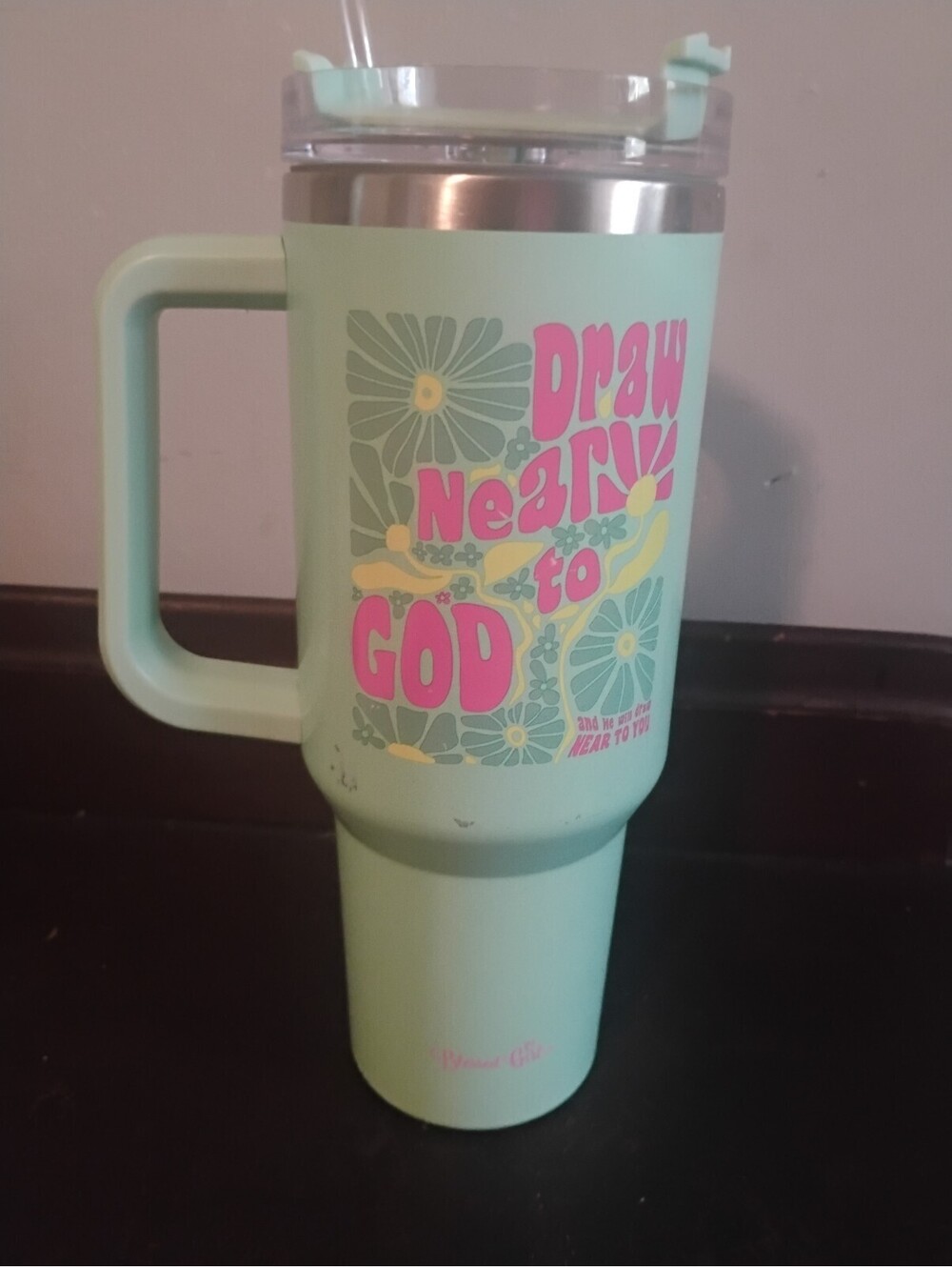 Blessed Girl Mint Green Travel Mug with Lid and Straw - Draw Near to God Design